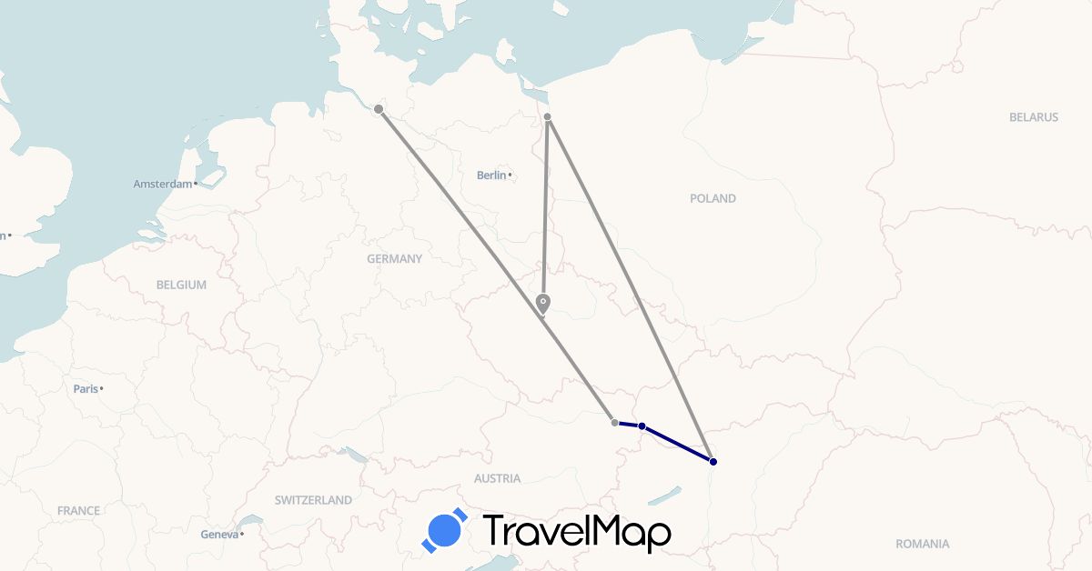 TravelMap itinerary: driving, plane in Austria, Czech Republic, Germany, Hungary, Poland, Slovakia (Europe)